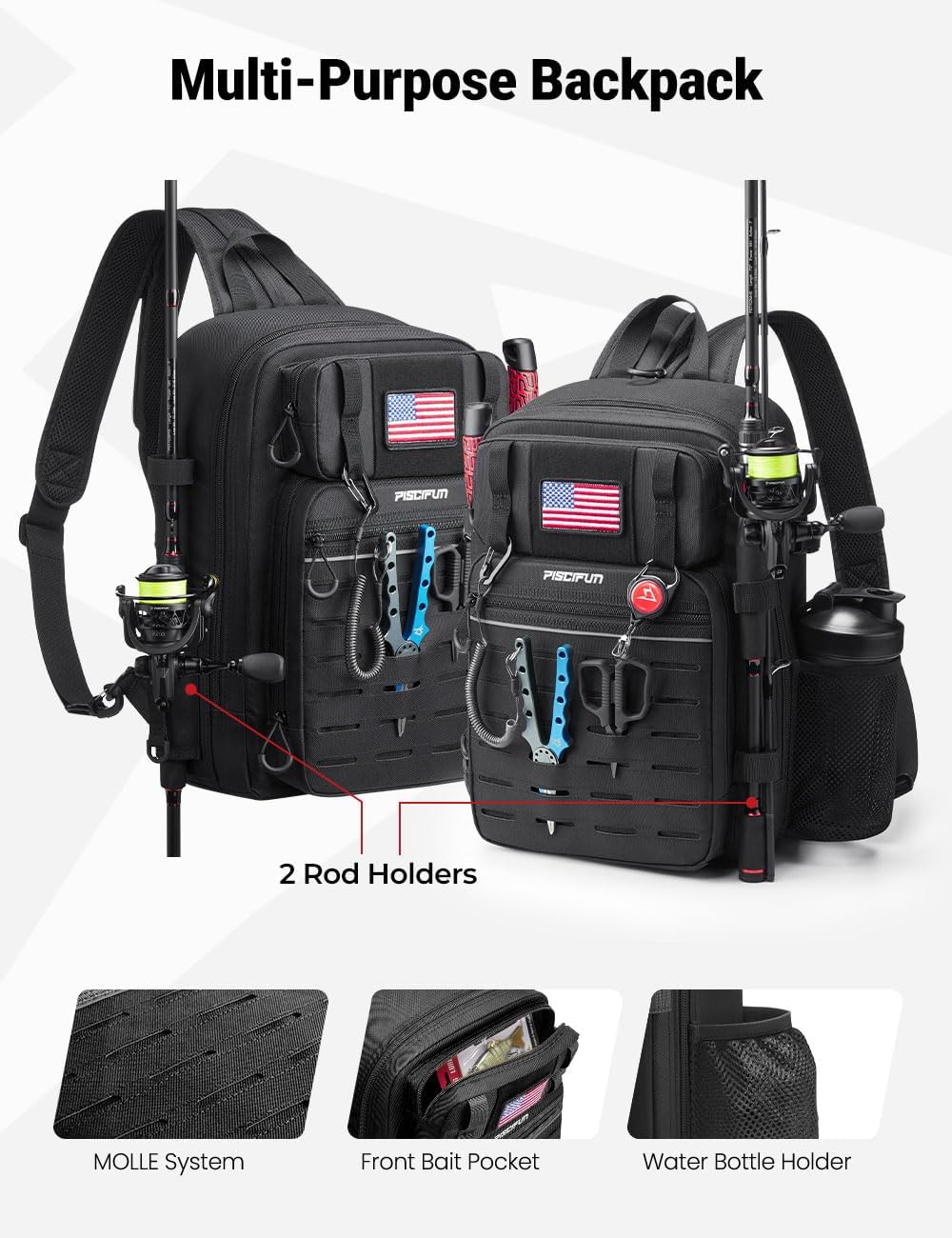 Piscifun Fishing Backpack Tackle Bag with 2 Rod Holders, Multi-Compartment Storage, MOLLE System, Water-Resistant Lightweight Outdoor Pack,Double Shoulder Khaki Large
