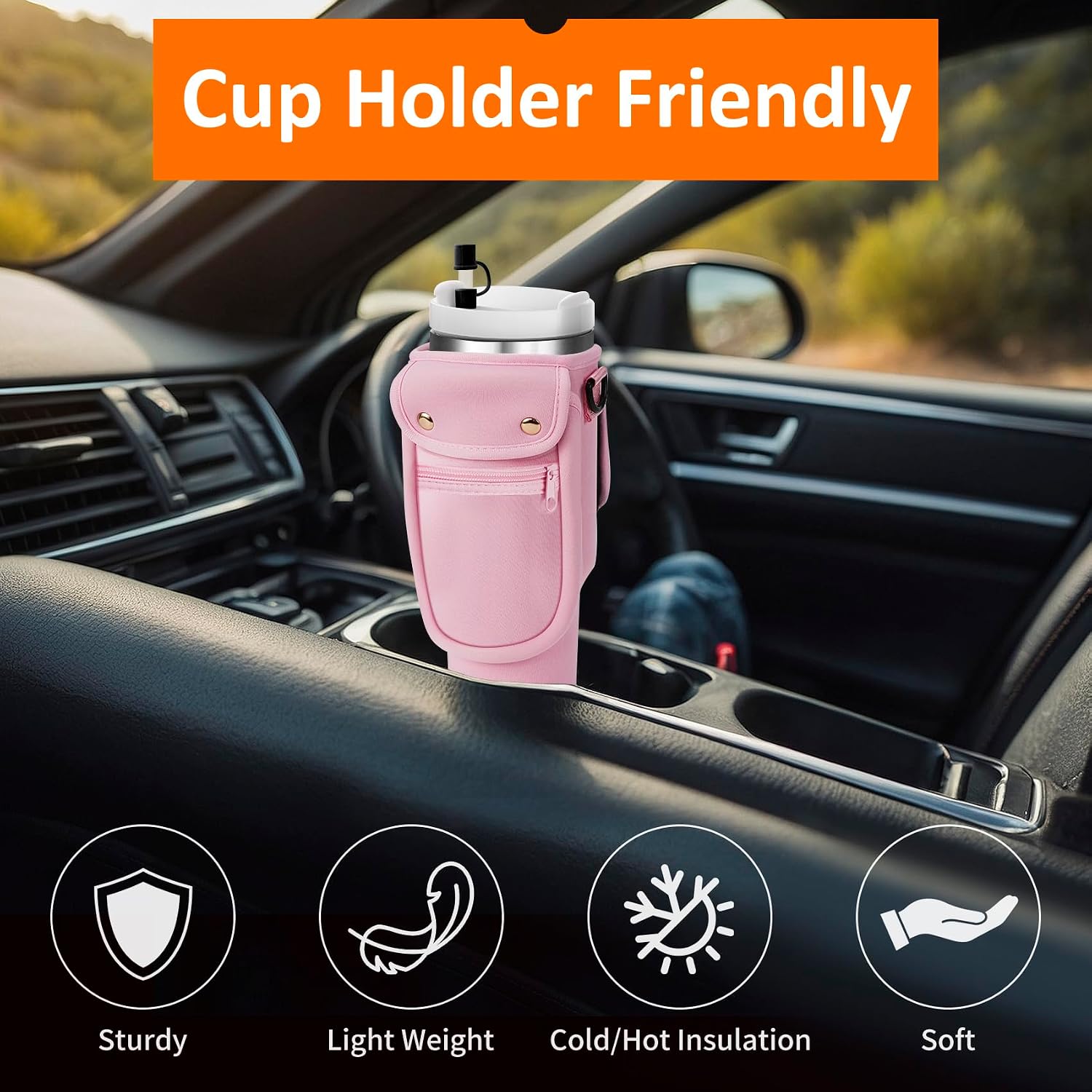 AceTreker Water Bottle Carrier Bag with Phone Pocket for Stanley 40/30 oz Tumbler Neoprene Insulated Mug Sleeve Pouch with 2 Pockets & Adjustable Strap & Straw Cover for Stanley Cup Accessories