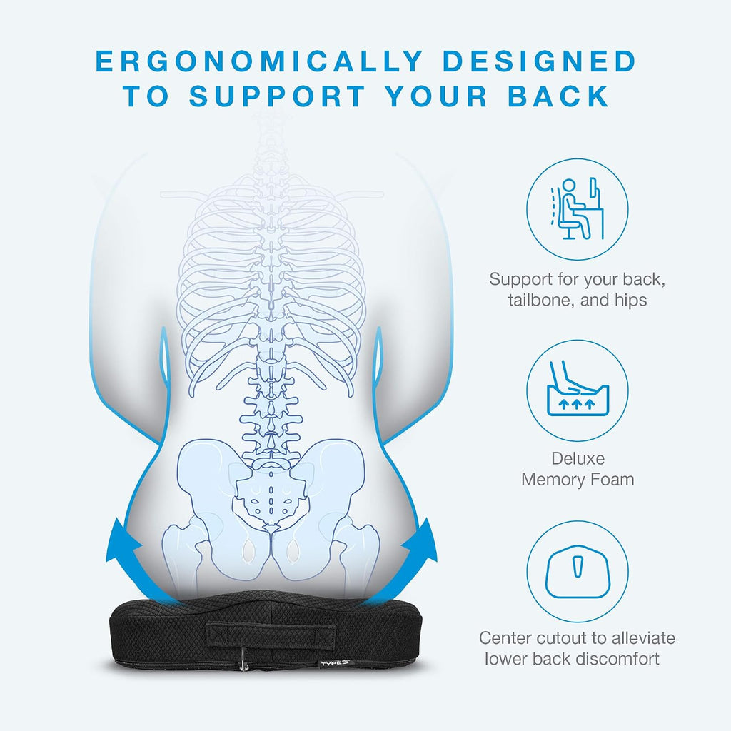 Type S Smoothing Premium Comfort Memory Foam Seat Cushion - Ergonomic Back Pain Relief for Coccyx Tailbone Sciatica Back Pain Relief for Office Chairs Gaming Chairs Car Seats Wheelchairs Chair Pad