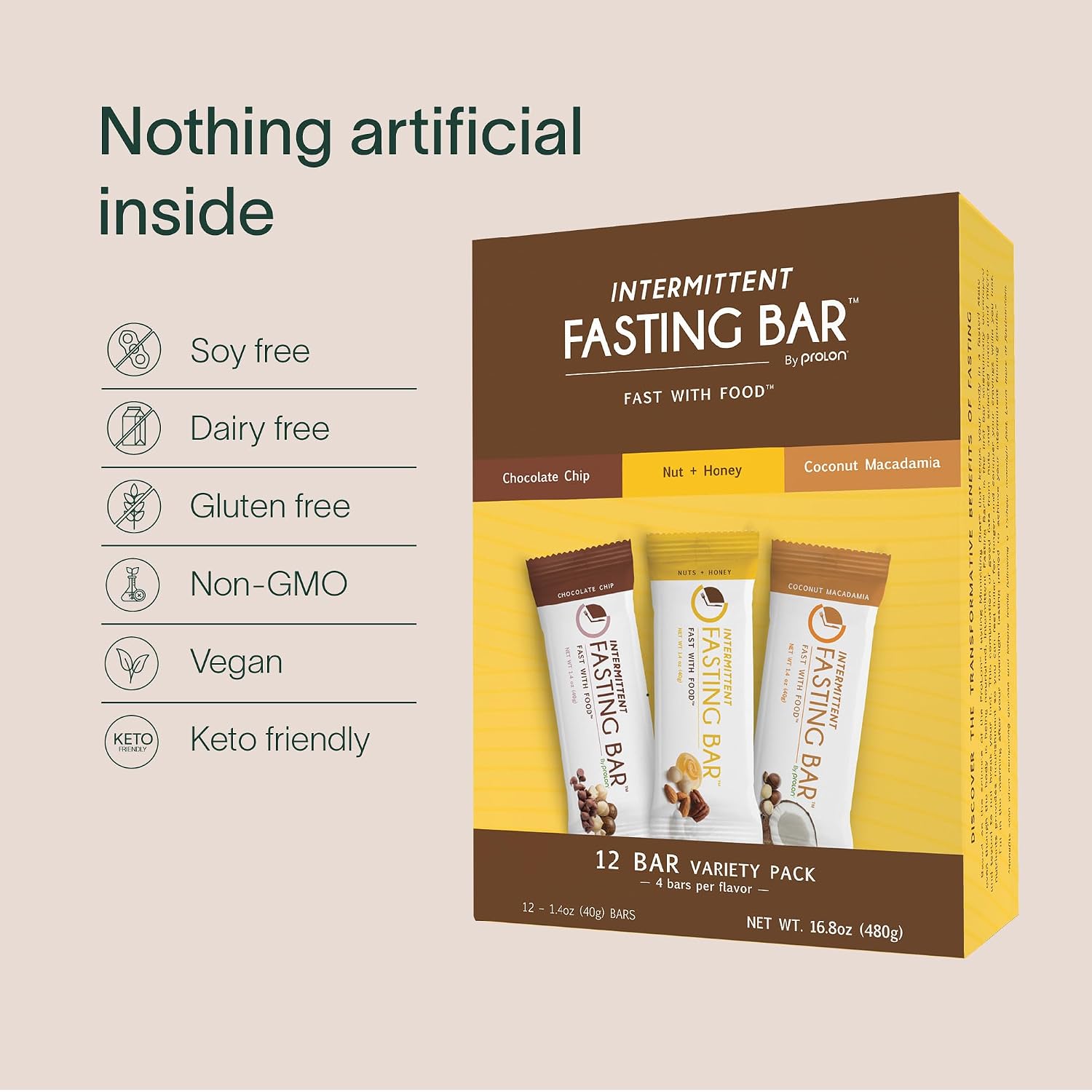 Prolon Fasting Bars | 5g Protein, 7g Fiber | Keto-Friendly, Gluten-Free, Dairy-Free, Plant-Based | Nutrition for Intermittent Fasting | Formulated to Not Break Your Fast | Chocolate Chip (12 Count)