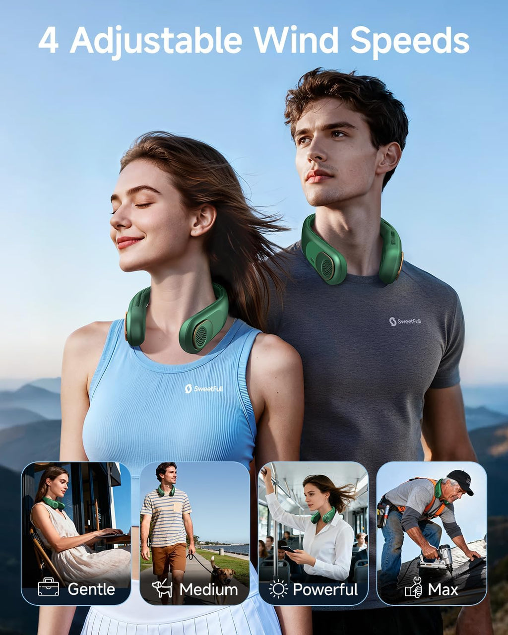 SWEETFULL Portable Neck Fan: 5200mAh Bladeless Personal Fan | 4 Speeds, 20H Max Runtime, No Hair Twist Quiet Wearable Fan for Travel | Birthday Gifts for Men Women Mom Dad