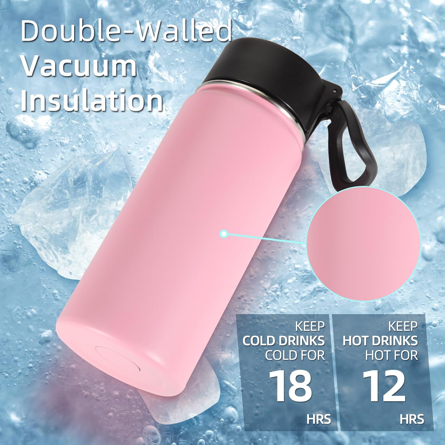 Volhoply 16 OZ Kids Water Bottle Bulk 4 Pack,Insulated Sports Bottles with Straw Lid,Stainless Steel Bottle with Handle Keep Cold & Hot,Double Wall Vacuum Tumbler Cups for School,Girls(Pink, 4)
