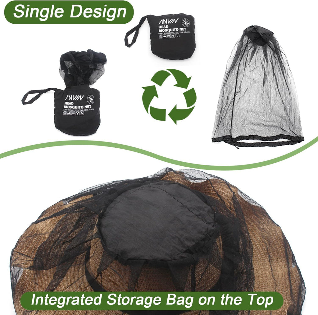 Anvin Mosquito Head Net Bug Hood for Fishing, Camping, Gardening Hat-Compatible Insect Shield Breathable Mesh Face Cover from No See Ums, Insects, Bugs(3 Pack, Upgraded One-piece Design, Black)