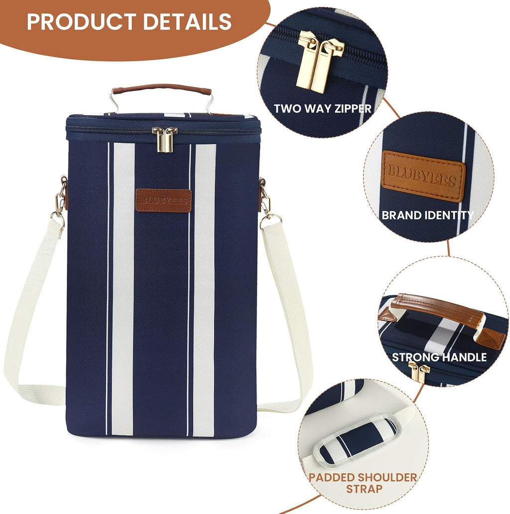 BLUBYEES 2-Bottle Insulated Wine Carrier Tote - Leakproof Padded 900D Oxford Wine Cooler Bag for Travel, Picnics, Beach & Parties - Ideal Wine Gift for Wine Lovers