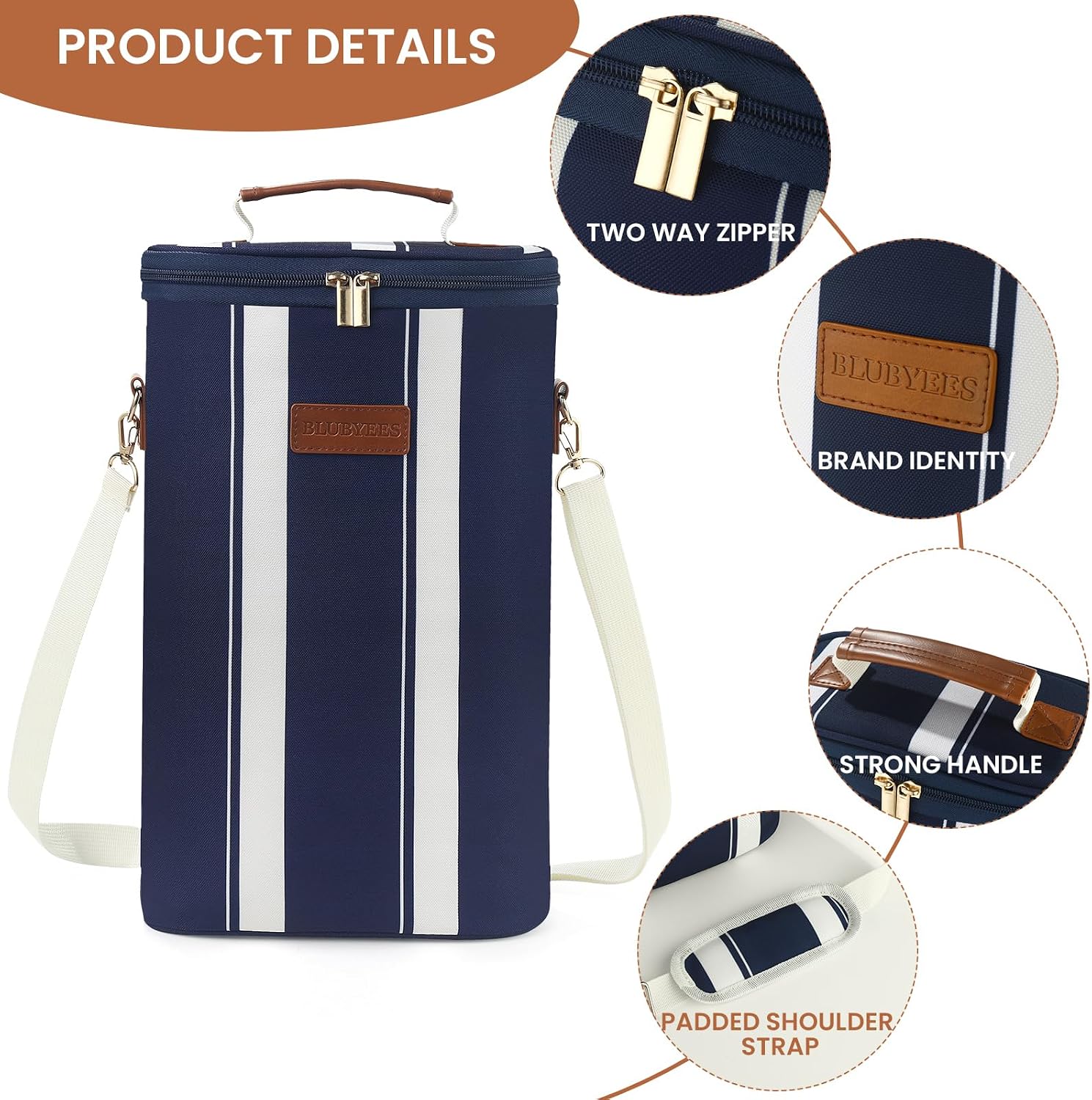 BLUBYEES 2-Bottle Insulated Wine Carrier Tote - Leakproof Padded 900D Oxford Wine Cooler Bag for Travel, Picnics, Beach & Parties - Ideal Wine Gift for Wine Lovers