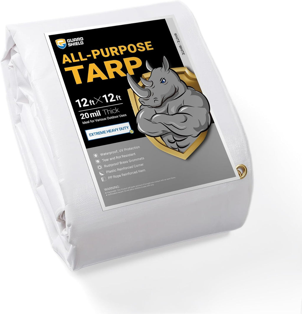 GUARD SHIELD Extreme Heavy Duty White Poly Tarp 12x12 Feet Cover Waterproof Tarps 20mil Thick UV and Tear Resistant Tarpaulin