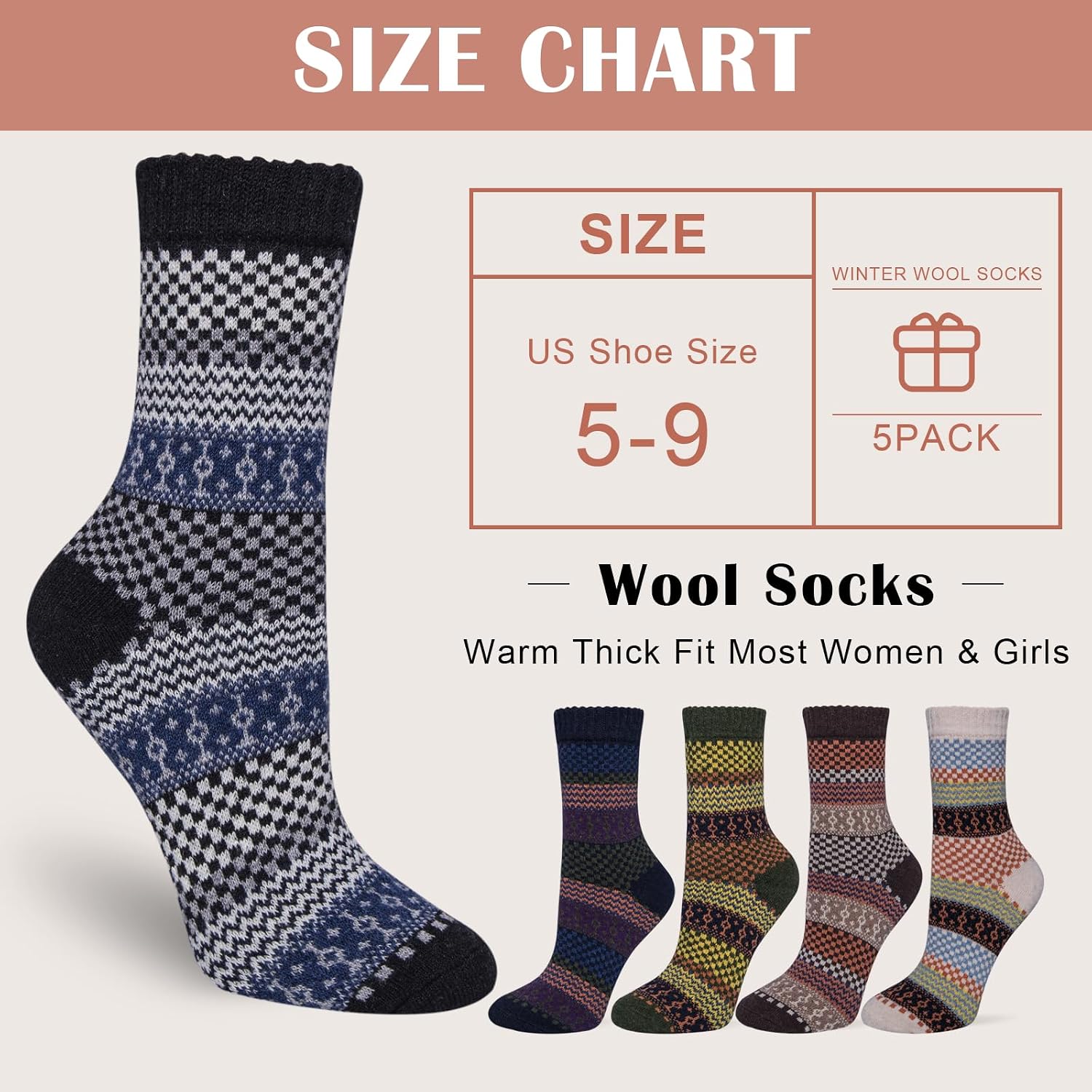 Senker Fashion Wool Socks for Women, 5 Pairs Winter Warm Crew Boot Socks