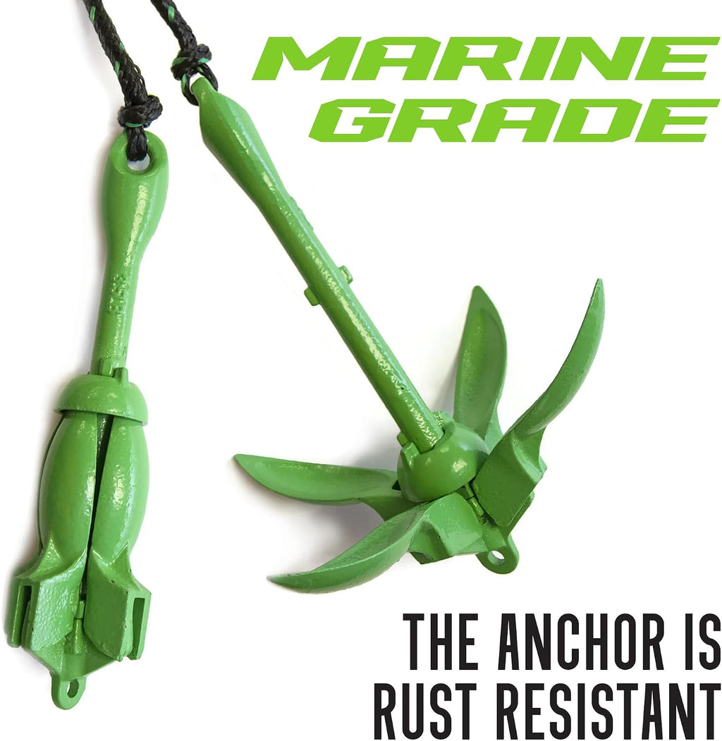 Kayak Anchor Kit - 3.5 lb, Green - Folding Grapnel Anchor with 25 ft Rope