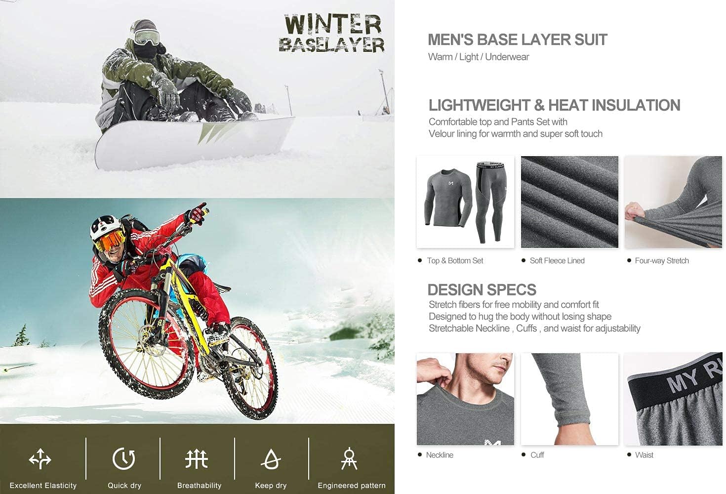 MEETYOO mens Men's Thermal Underwear Set Sport Long Johns Base Layer