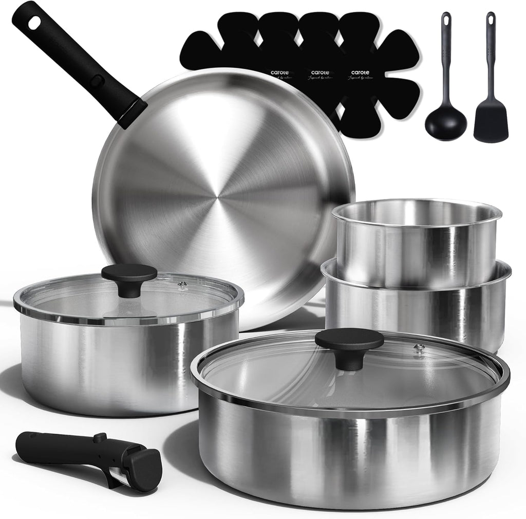 CAROTE 15pcs Tri-Ply Stainless Steel Cookware Set with Detachable Handle