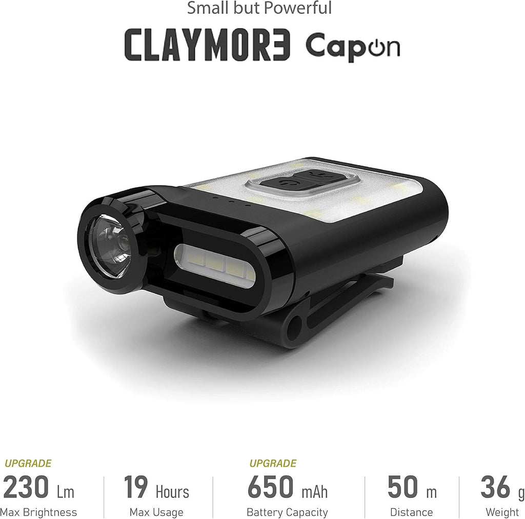 Claymore Capon 65A+ Tan Ultra-Light Clip-On Cap Light – USB-C Rechargeable 230LM LED Compact Headlamp | 3 Modes IP54 Water-Resistant Up to 19 Hrs Runtime for Camping, Running, Outdoor