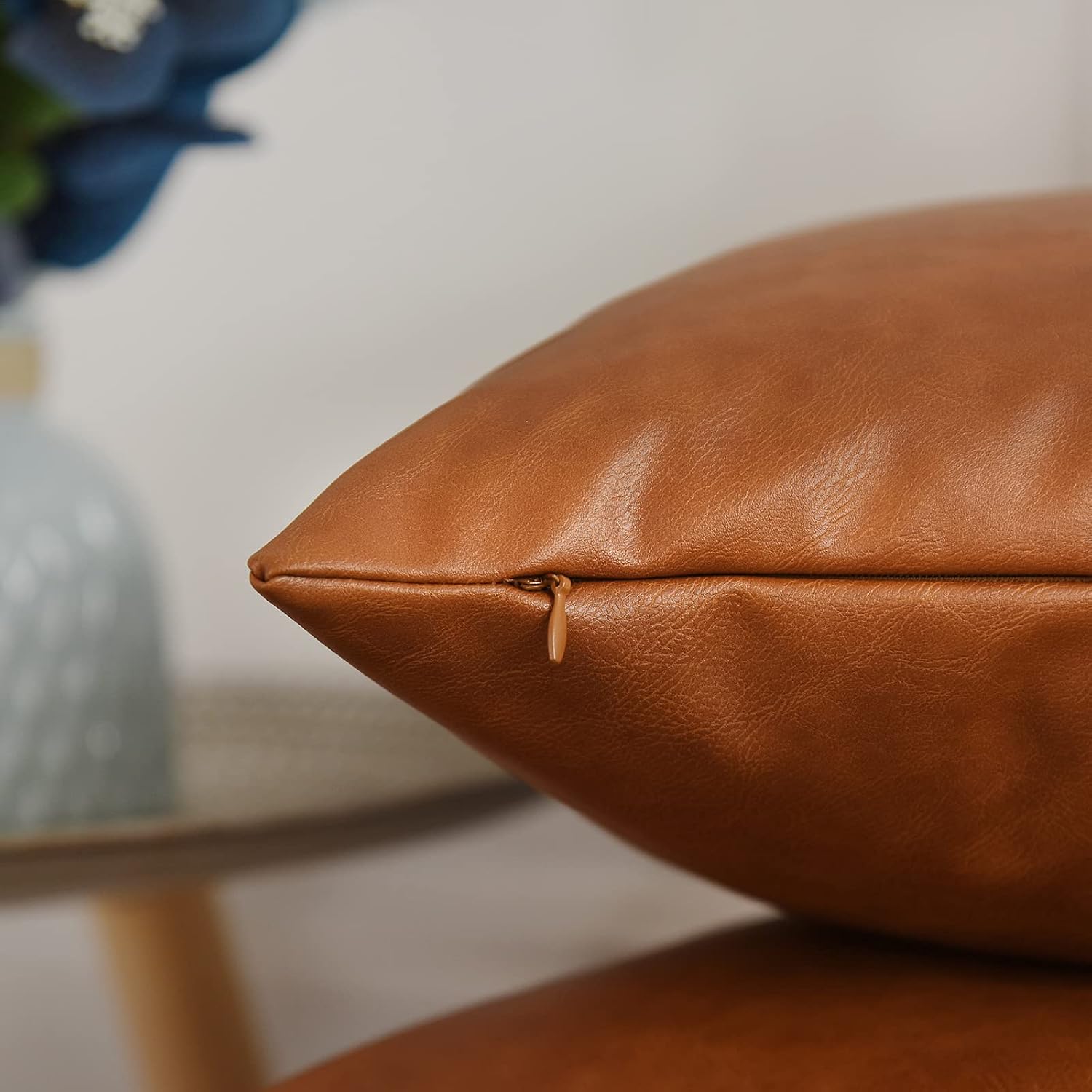 Tosewever Faux Leather Throw Pillow Covers, 18 x 18 inch Set of 2 Luxury Cognac Brown Modern Pillowcases Solid Decorative Square Cushion Cases for Bedroom Living Room Couch Bed Sofa (Brown, 18" x 18")