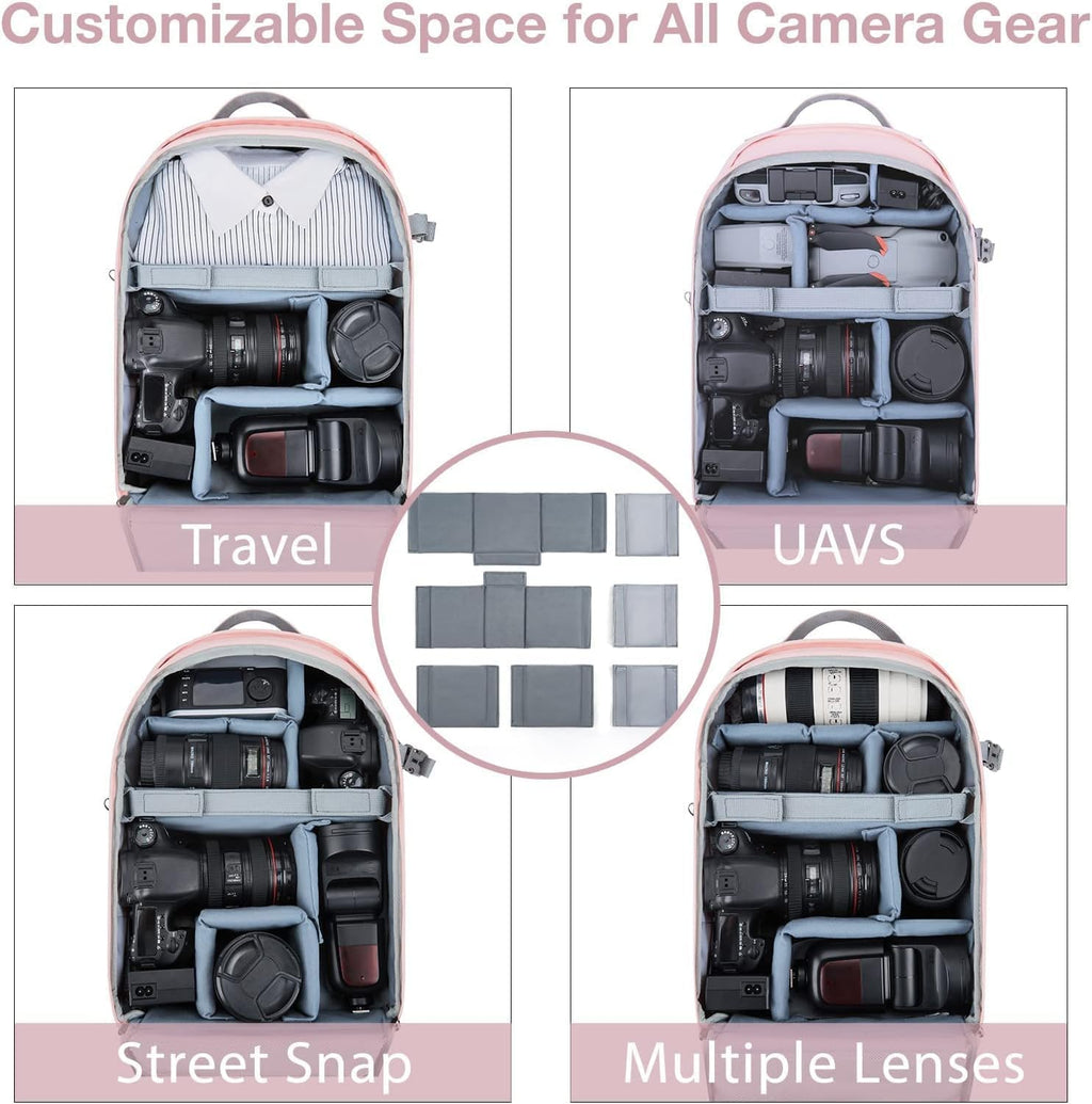 BAGSMART Camera Backpack, DSLR SLR Camera Bag Backpack Fits 15.6 Inch Laptop, Waterproof Camera Case for Photographers and Women,with Rain Cover,Tripod Holder,Pink