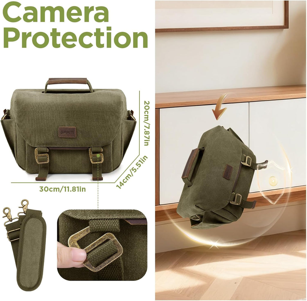 SMRITI Canvas DSLR Camera Bag, Camera Messenger Bag for Photographers,Travel Waterproof Shoulder Camera Case for Men Women (Green)