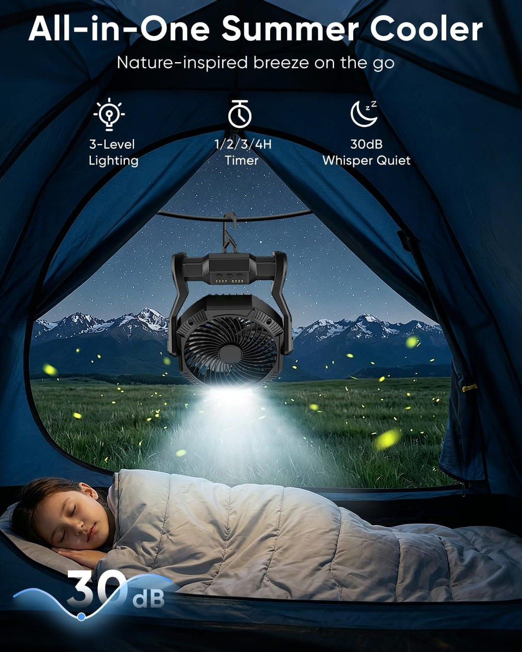 Portable Rechargeable Fan, 20000mAh Battery Powered Camping Fan with LED Light & Hook, 270° Adjustable, 4-Speed, 4H Timer Camping Essentials for Outdoor Tent Travel BBQ Car, Gifts for Men Dad