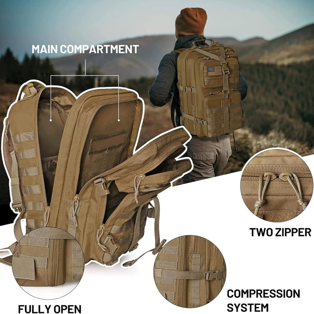 REEBOW GEAR Military Tactical Backpack for Men Large Army 3 Day Assault Pack Molle Hiking Daypack Bag (Brown-Tan)