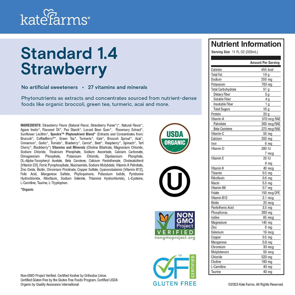 KATE FARMS Organic 1.4 High Calorie Shake, Strawberry, 20g Protein, 6 Pack