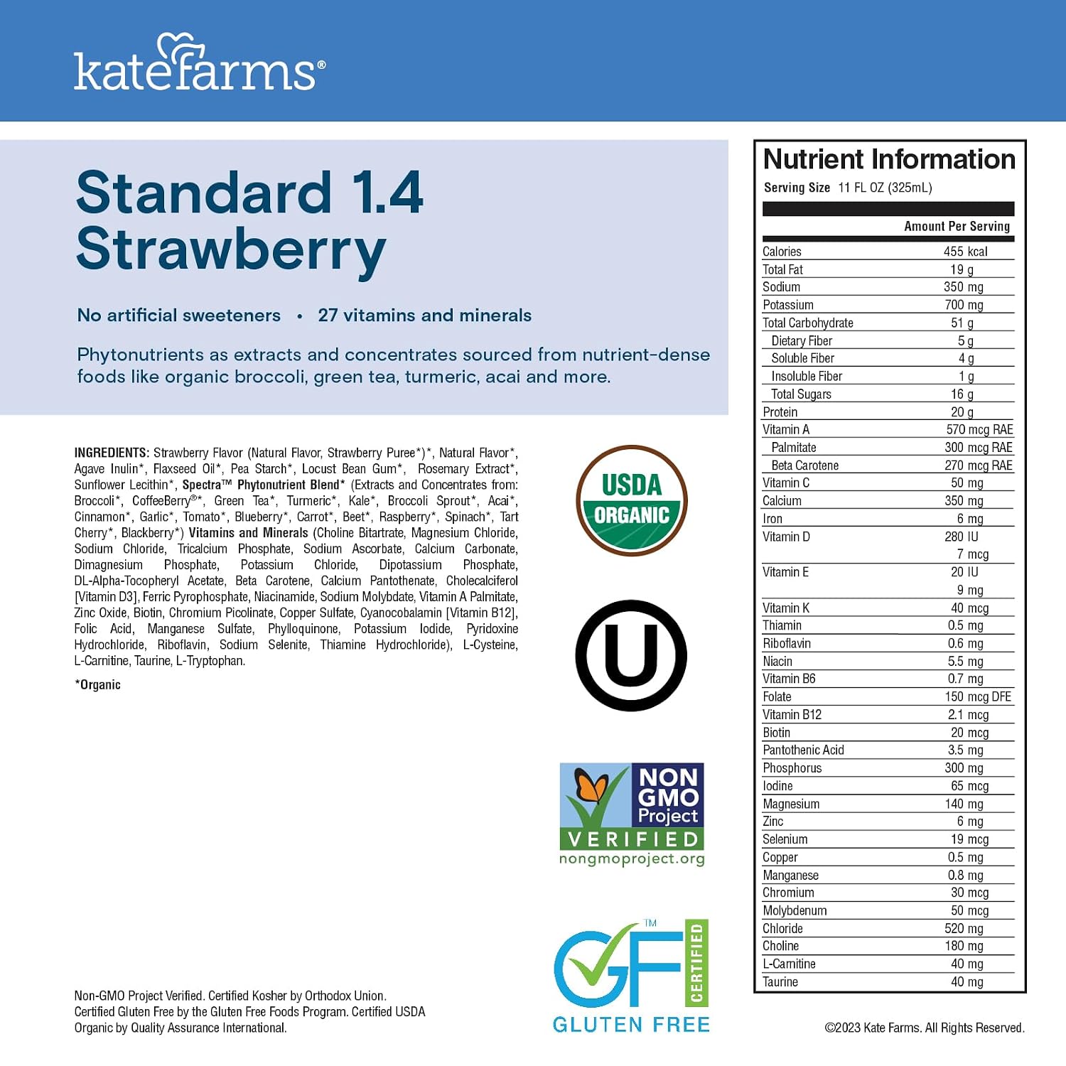 KATE FARMS Organic 1.4 High Calorie Shake, Strawberry, 20g Protein, 6 Pack
