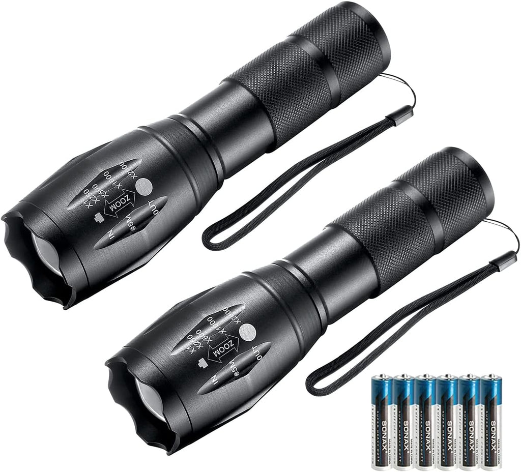 Whaply LED Flashlights,4pack Tactical Flashlight High Lumens Lights with 12Pack AAA Batteries Portable Waterproof Zoomable Flashlight with 5 Mode for Camping/Outdoor/Emergency(Black-4pack)