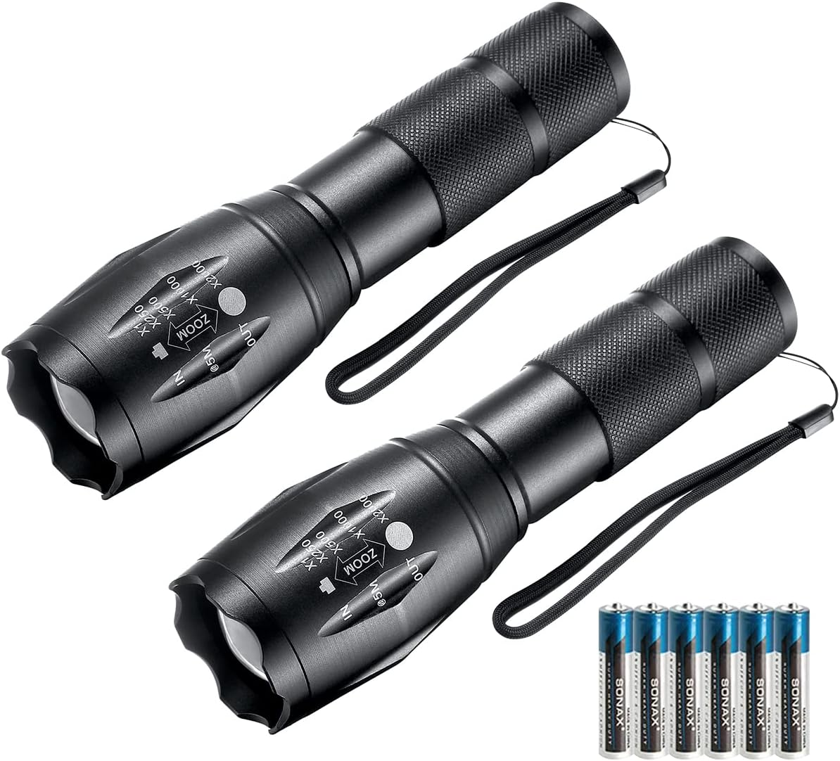 Whaply LED Flashlights,4pack Tactical Flashlight High Lumens Lights with 12Pack AAA Batteries Portable Waterproof Zoomable Flashlight with 5 Mode for Camping/Outdoor/Emergency(Black-4pack)