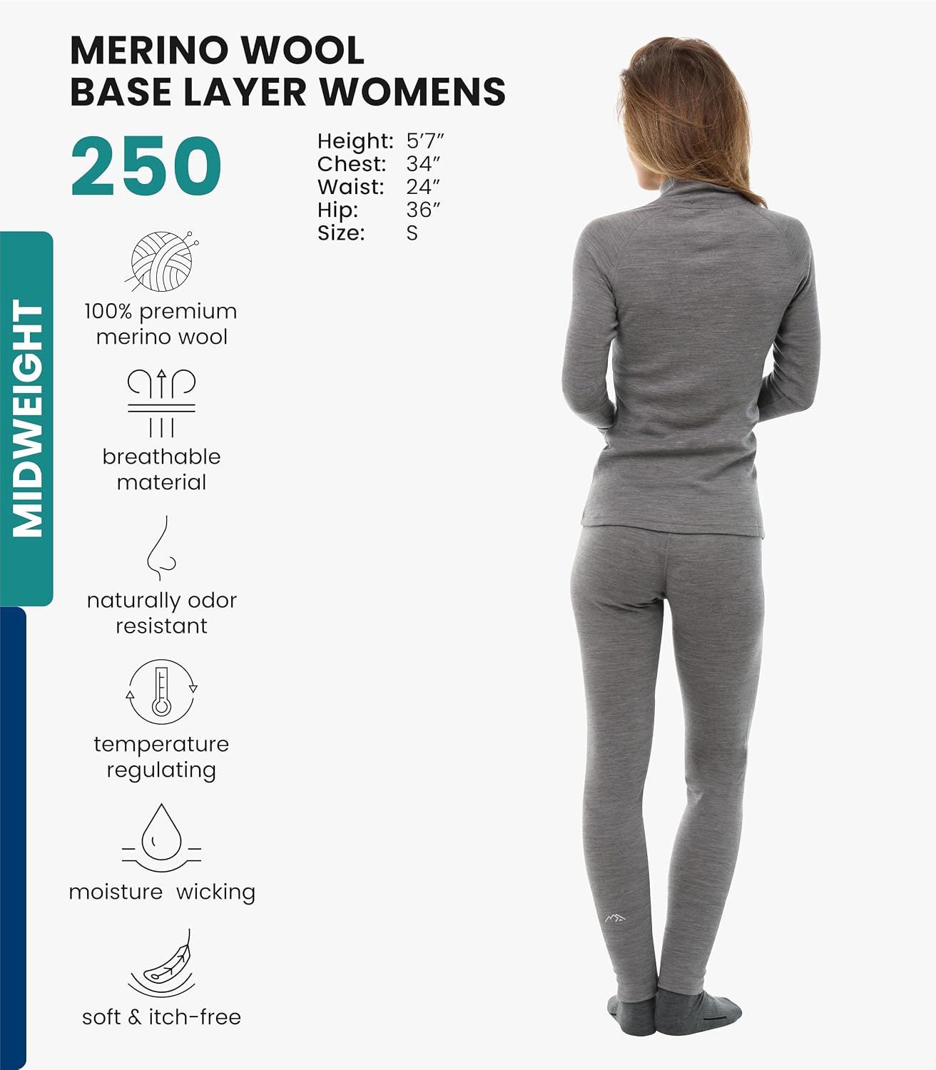 100% Merino Wool Base Layer Women Set - Thermal Underwear Women Top, Bottom