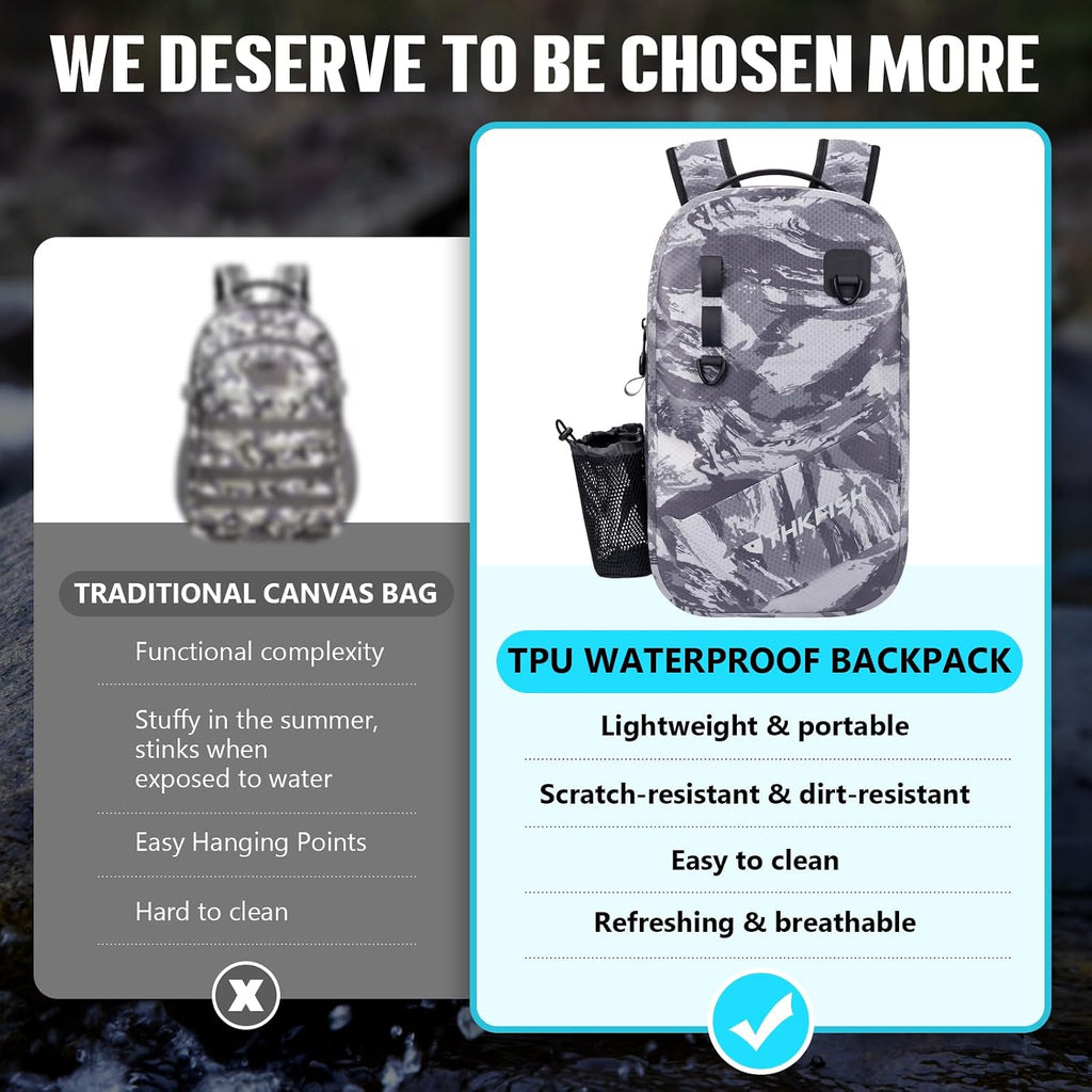 THKFISH IPX8 Waterproof Fishing Backpack with Rod Holder, Lightweight Fishing Sling Bag, Move Freely Fish Gifts for Men
