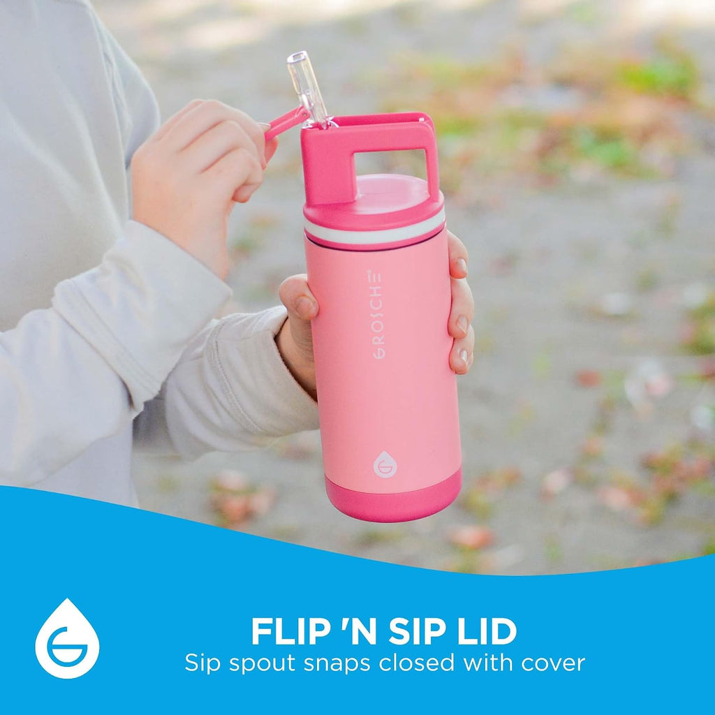 GROSCHE Alpine Flip N Sip Kids Water Bottle Straw Lid, Flamingo Pink, 16 oz