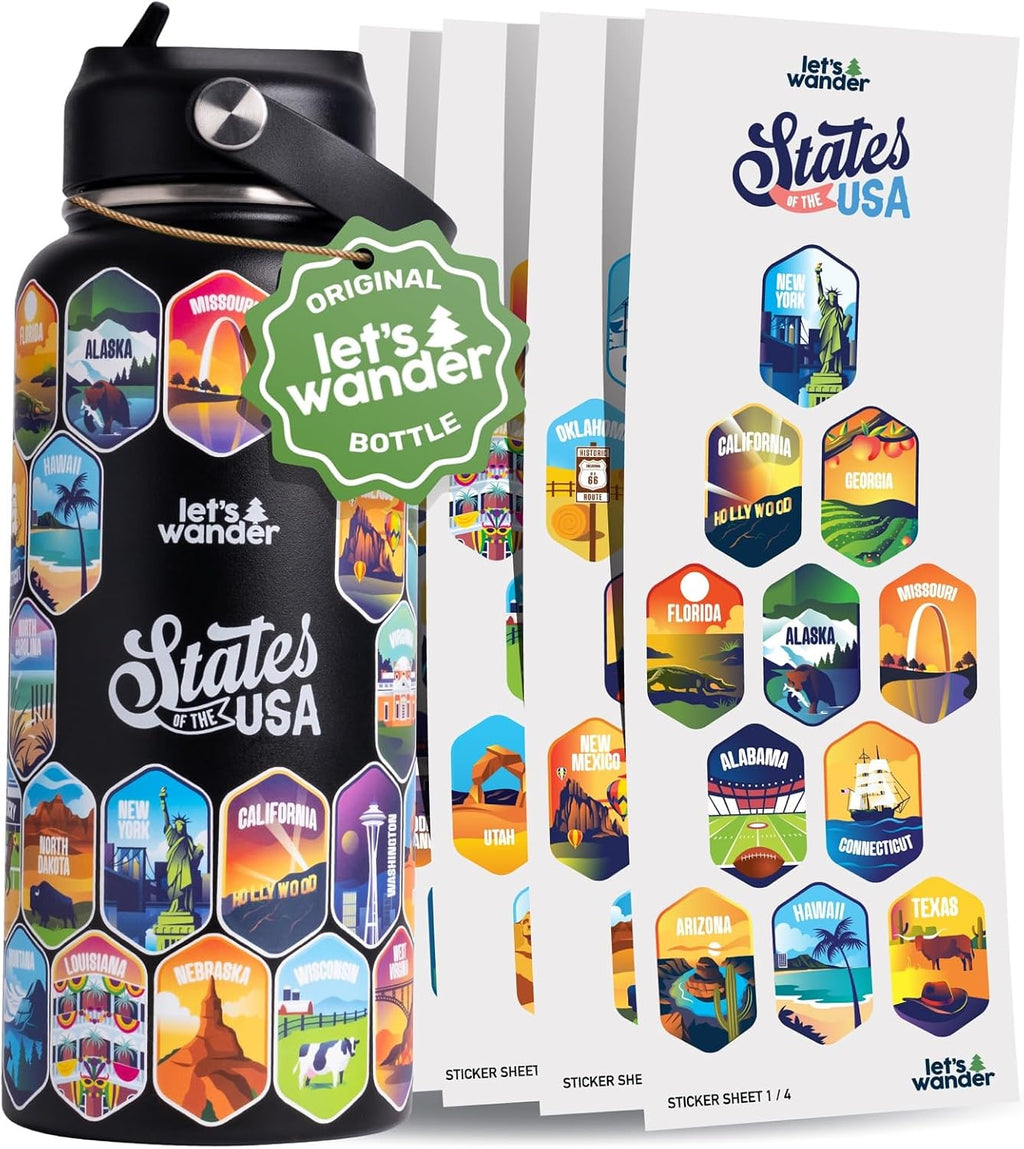 LET'S WANDER Lets Wander 50 States Water Bottle with Waterproof Stickers - 32oz Leakproof Insulated Stainless Steel with Straw - States of the USA Gift Bottle (Black)