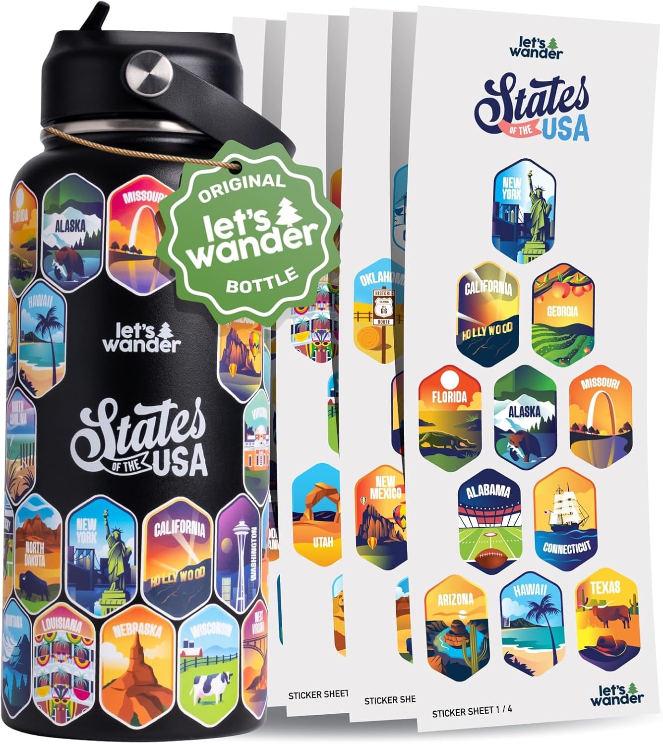 LET'S WANDER Lets Wander 50 States Water Bottle with Waterproof Stickers - 32oz Leakproof Insulated Stainless Steel with Straw - States of the USA Gift Bottle (White)