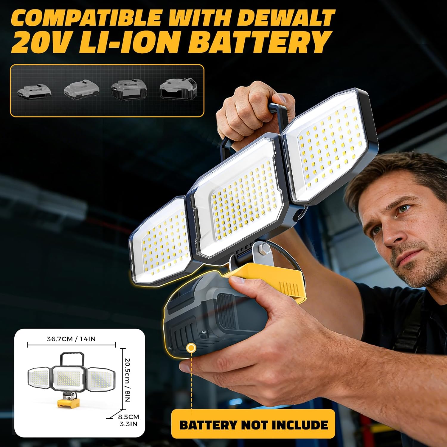 LED Work Light Compatible with DeWalt 20V Battery, 150W 15000LM Flood Light, 6500K Daylight 3-Head Adjustable, USB Type-C&2 Brightness Modes Portable Flashlight Job Site Light (Tool Only)