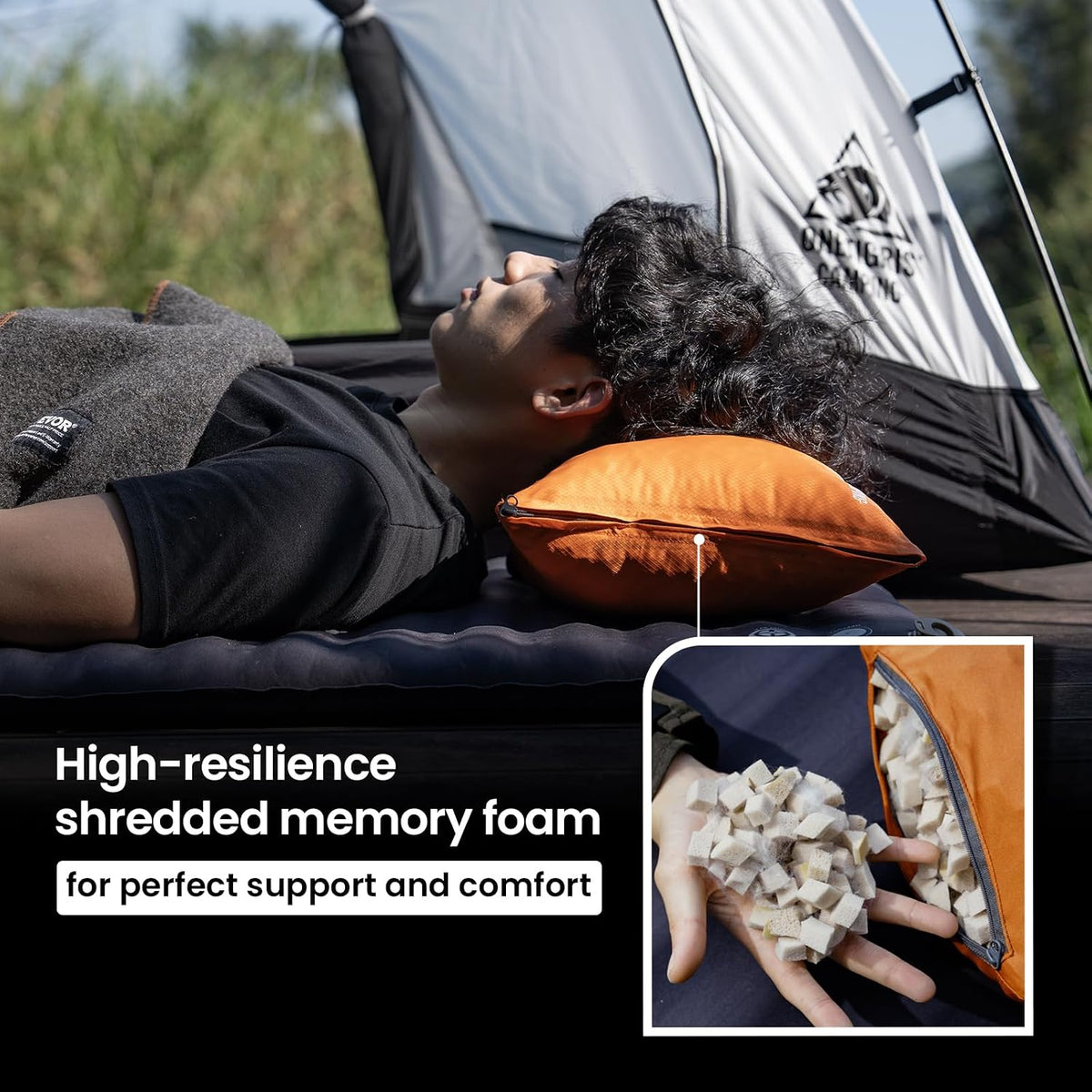 ONETIGRIS Wilddream Camping Pillow, Shredded Small Memory Foam Pillow, Compact, Easy Clean, Comfortable for Backpacking, Travel, and Car Trips, 4 Season Use