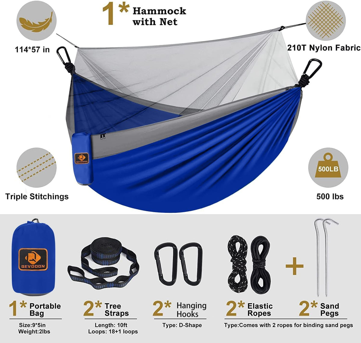 Camping Hammock with Net,Portable Lightweight Double Hammocks with Tree Straps and Solid D-Shape Hanging Hooks,Parachute Nylon Hammock for Backpacking Beach Backyard Patio Hiking