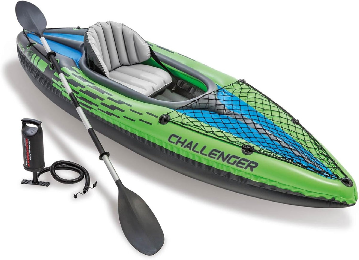 INTEX Challenger Inflatable Kayak Series: Includes Deluxe 86in Kayak Paddles and High-Output Pump – SuperStrong PVC – Adjustable Seat with Backrest – Removable Skeg – Cargo Storage Net