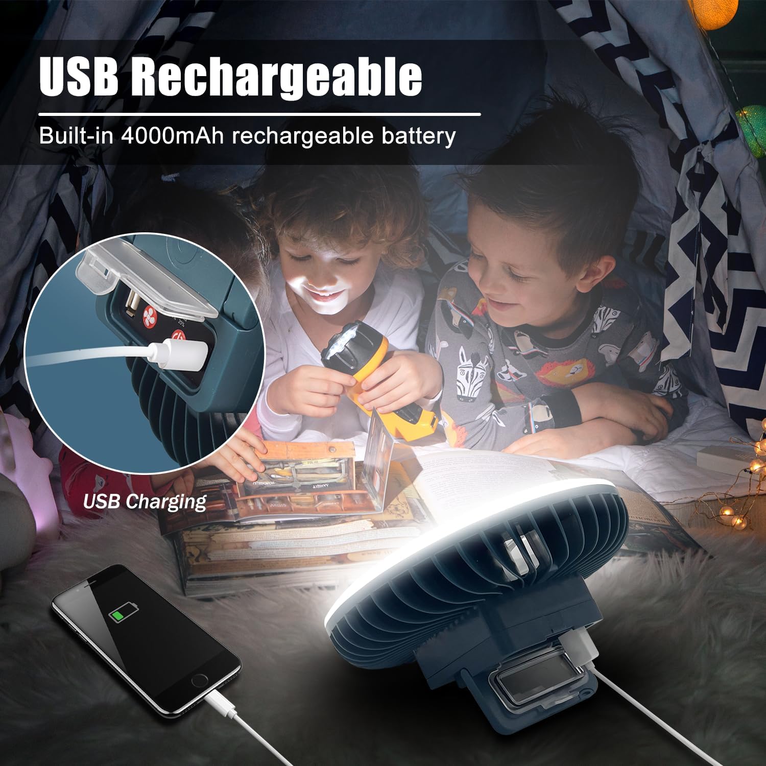 Portable Camping Fan with LED Lantern XTAUTO USB Rechargeable Waterproof Tent Fan with Hanging Hook Magnet Survival Kits for Indoor Outdoor Hiking Car Office Desk Outdoor Emergency Power Outage 2-pack