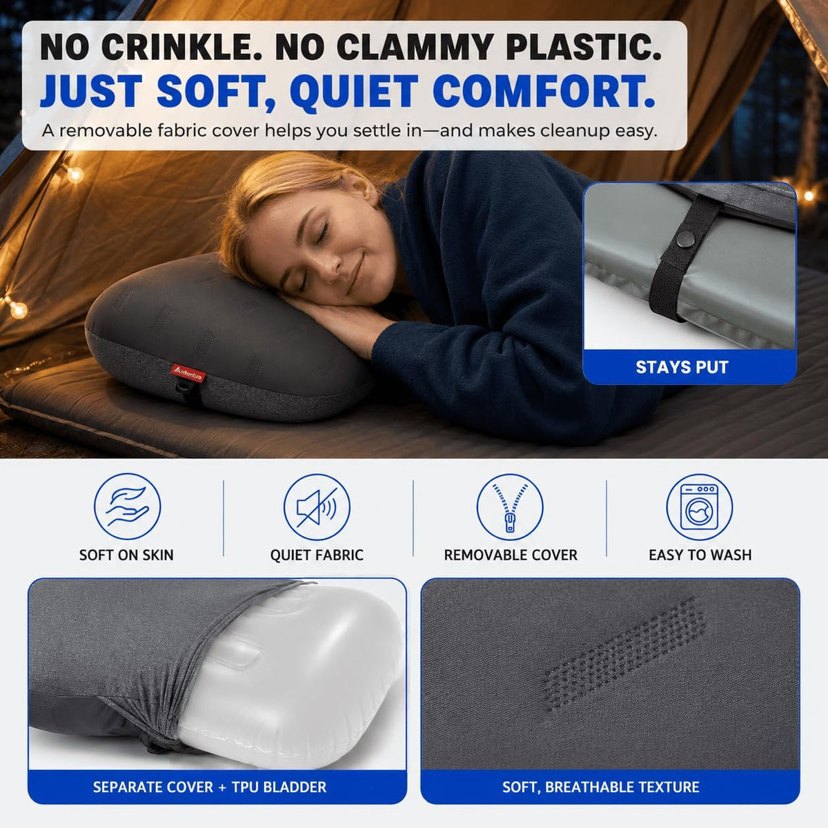 Hikenture Ultralight Inflatable Camping Pillow with Removable Cover, Grey