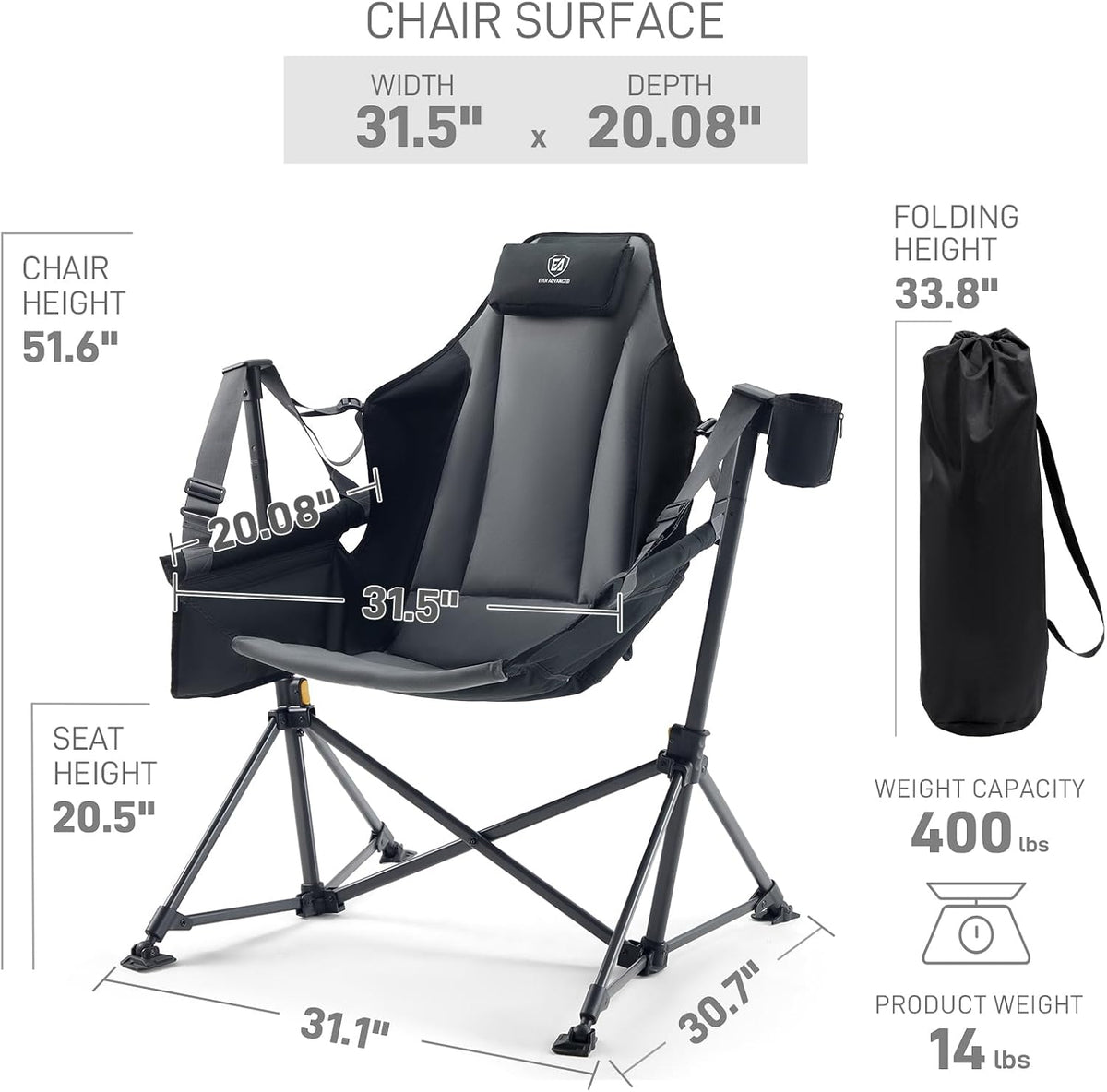 EVER ADVANCED Padded Oversized Hammock Camping Chair, Compact Heavy Duty Swing Chair with Multi-Storage Pockets, Portable Folding Rocking Camping Chair, Support Up to 400lbs, Black