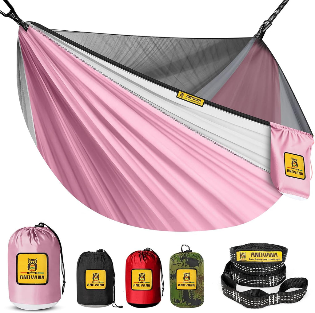 Small Camping Hammock with Mosquito Net, 450 lbs Portable Hammock with Tree Straps, 2-in-1 Double/Single Travel Hammocks, Hammock for Outside/Indoor/Backpacking/Beach - Pink & White