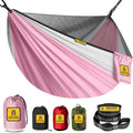 Small Camping Hammock with Mosquito Net, 450 lbs Portable Hammock with Tree Straps, 2-in-1 Double/Single Travel Hammocks, Hammock for Outside/Indoor/Backpacking/Beach - Pink & White