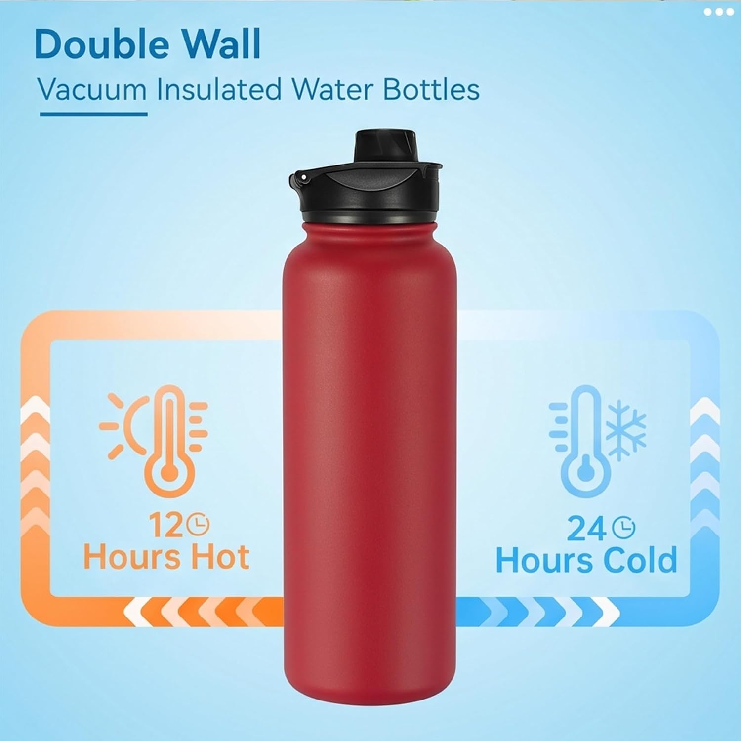 VEGOND 40 oz Insulated Water Bottle Stainless Steel Metal Water Bottles with Leak Proof Straw Lid & Spout Lid, Wide Mouth Double Walled Vacuum Travel Sports Bottle, Red