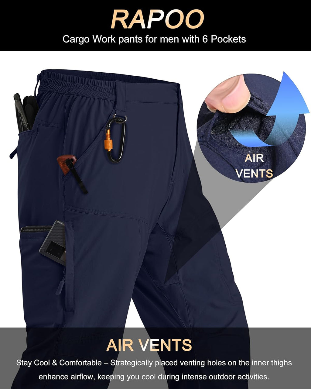 Rapoo Mens Hiking Pants Lightweight Water Resistant Breathable Nylon Cargo Pants with 6 Pockets