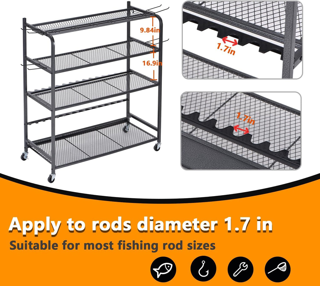 Heavy Duty Fishing Rod Rack, Fishing Organizer for Garage, Fishing Gear Holder for Garage with Movable Wheels