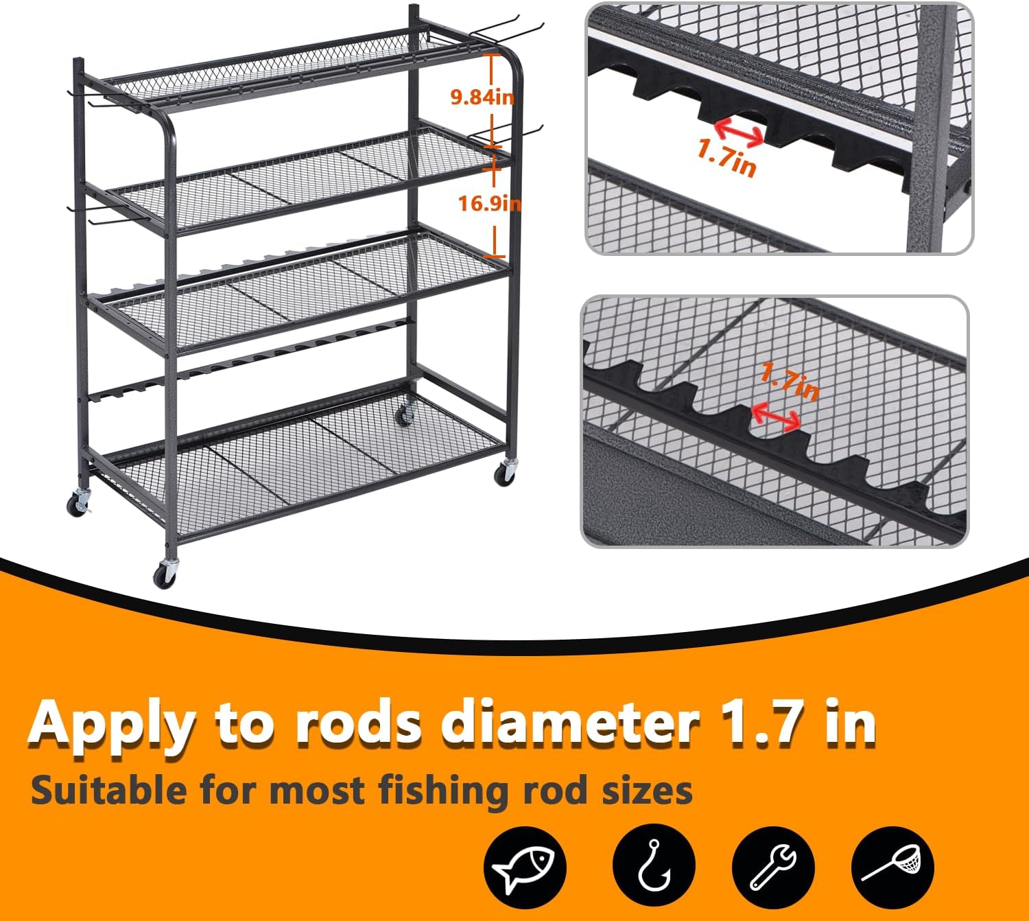 Heavy Duty Fishing Rod Rack, Fishing Organizer for Garage, Fishing Gear Holder for Garage with Movable Wheels