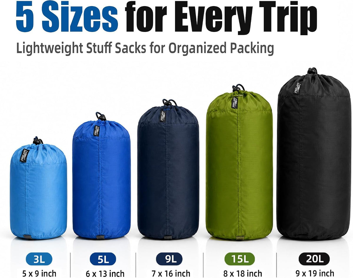 Frelaxy Stuff Sack Set 5-Pack (3L&5L&9L&15L&20L), Ultralight Ditty Bags with Dust Flap for Traveling Hiking Backpacking (Sky Blue&Blue&Navy&Army Green&Black)