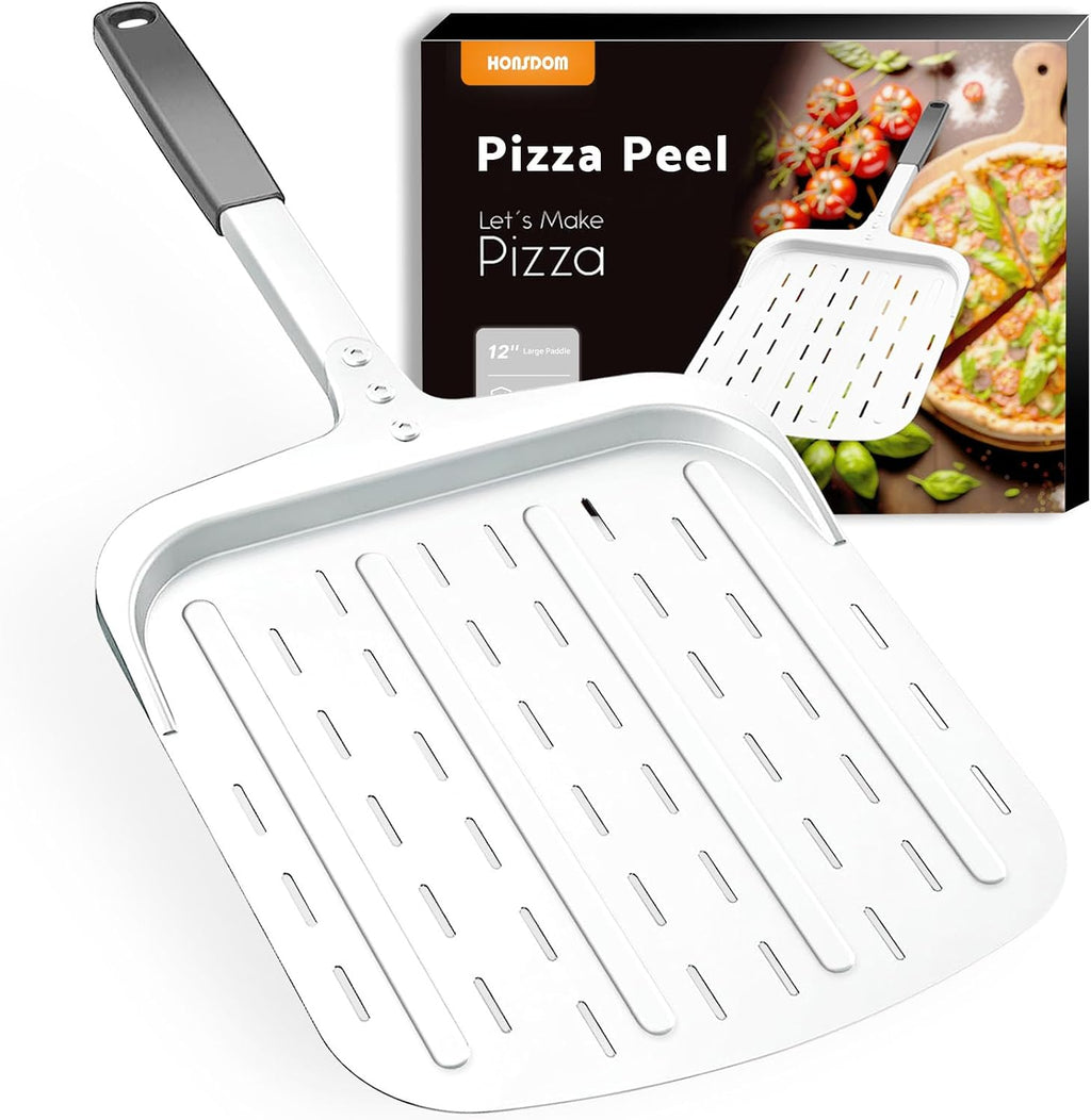 Pizza Turning Peel, 8-inch Pizza Peel Turner Spinner with Non-Slip Long Handle & Silicone Hanging Hook, Essential Pizza Oven Accessories for Outdoor & Indoor Baking, Even Crispy Crust Every Time