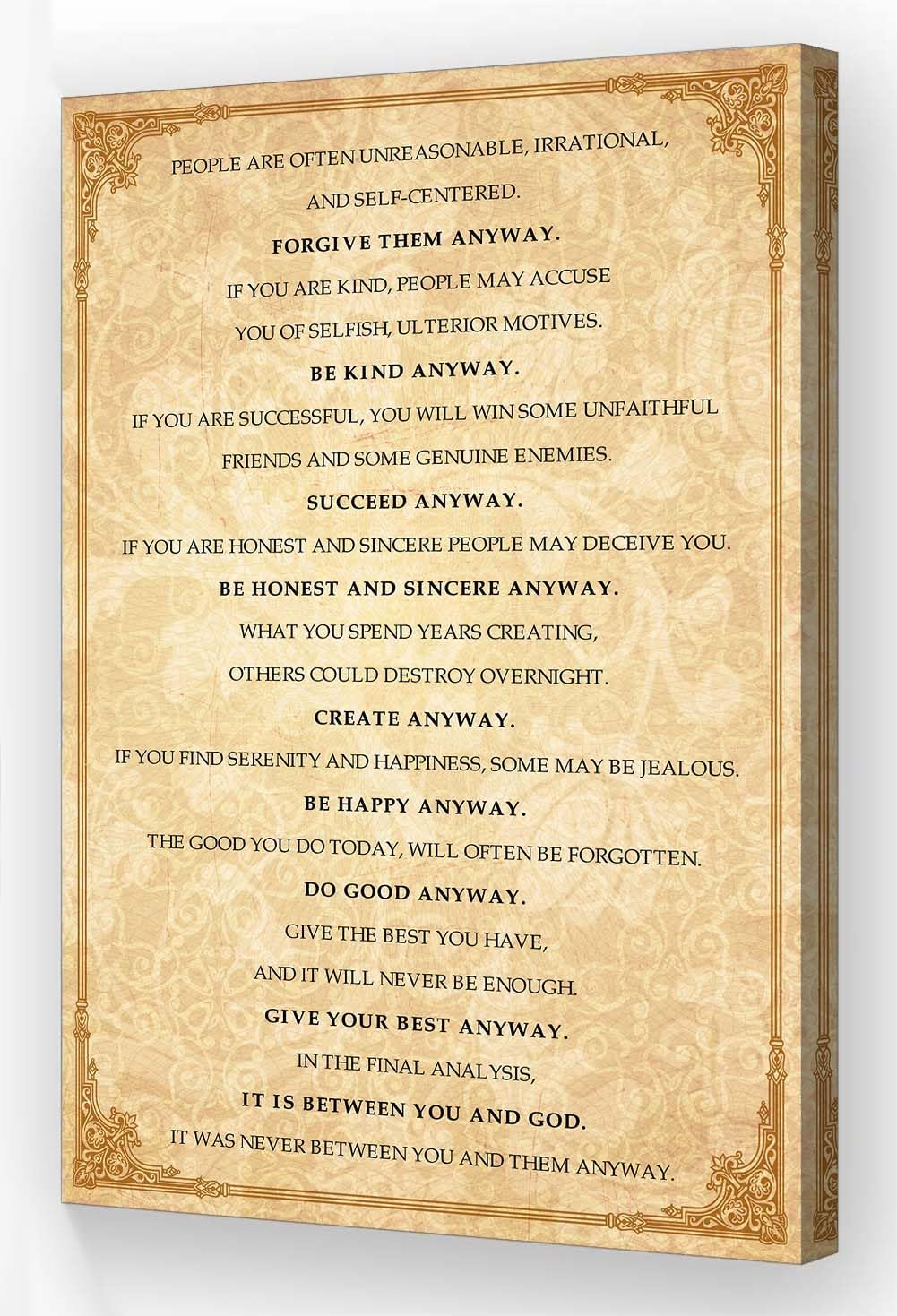 Wallpicss Do It Anyway Wall Art Framed Canvas Artwork Motivational Posters Vintage Poem Wall Decor Poetry Quotes Poster Painting Pictures 16x24 inches