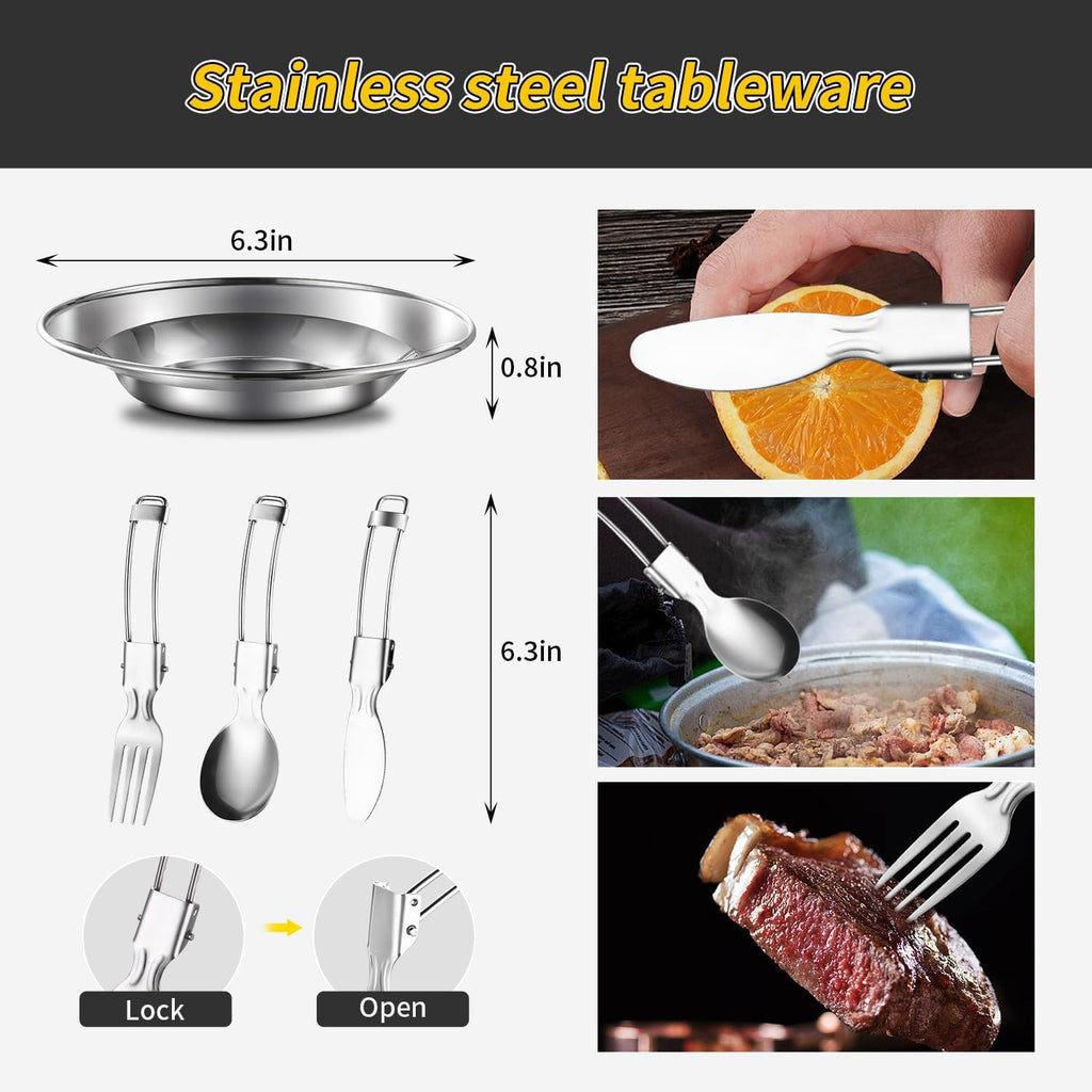 304 Stainless Steel Camping Cookware Set - Mess Kit with Pots, Pans, Kettle, Plates, Forks, Knives, Spoons for 2 People, Perfect for Camping, Picnic, RVs