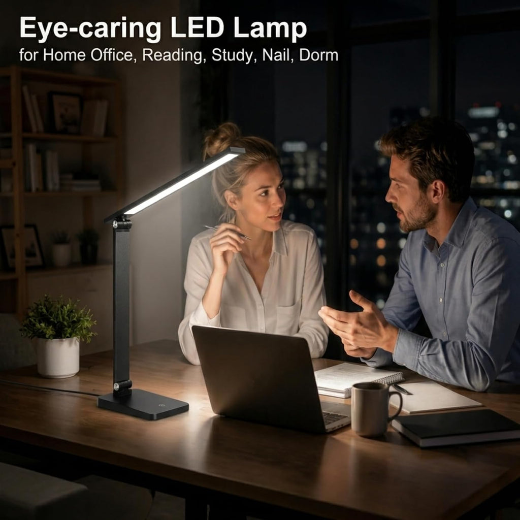 LED Desk Lamp for Home Office, 3 Levels Dimmable Desk Light with USB Charging Port, Small Study Lamp, Reading Light for Table, Black, 5000K