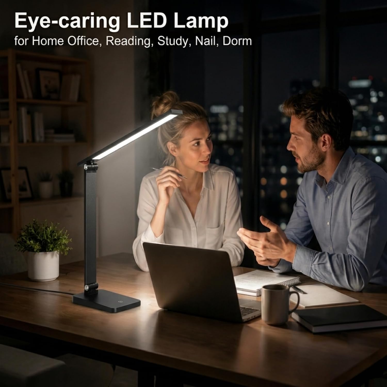 LED Desk Lamp for Home Office, 3 Levels Dimmable Desk Light with USB Charging Port, Small Study Lamp, Reading Light for Table, Black, 5000K
