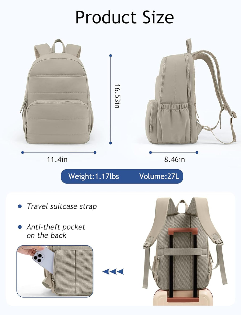 Uselike Travel Backpack for Women, 15.6 Inch Laptop Backpack, Quilted College Bookbag, Cute Work Backpacks, Water Resistant (Khaki Ash)