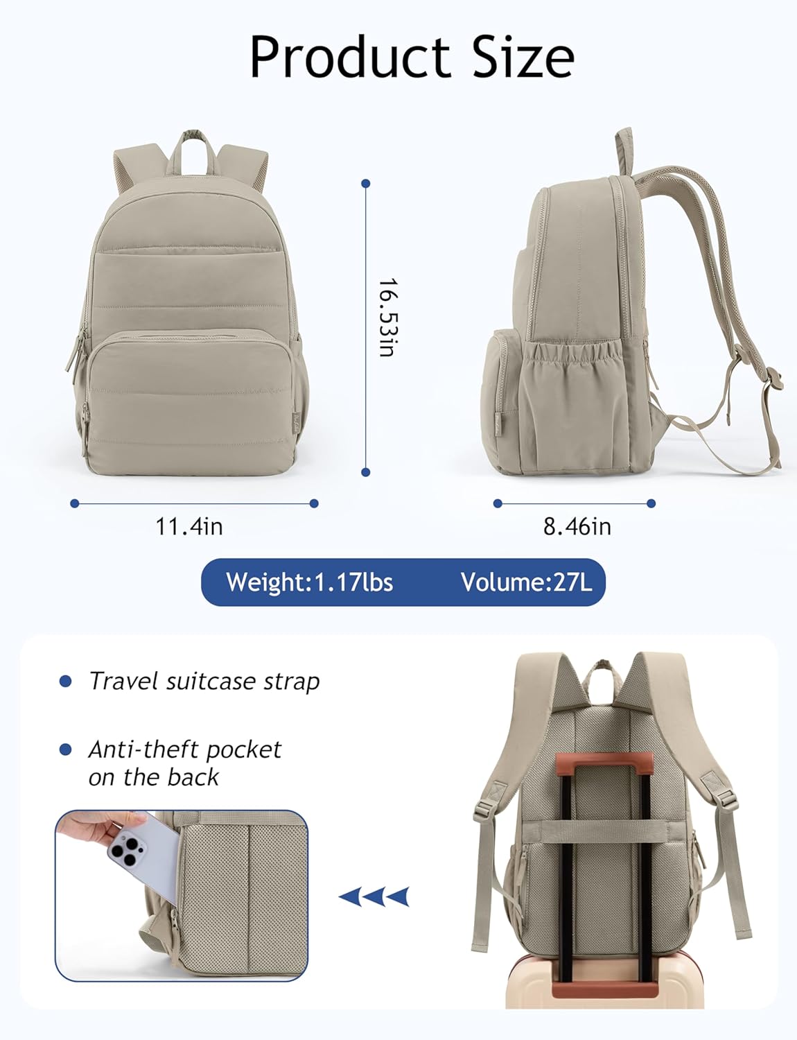 Uselike Travel Backpack for Women, 15.6 Inch Laptop Backpack, Quilted College Bookbag, Cute Work Backpacks, Water Resistant (Khaki Ash)